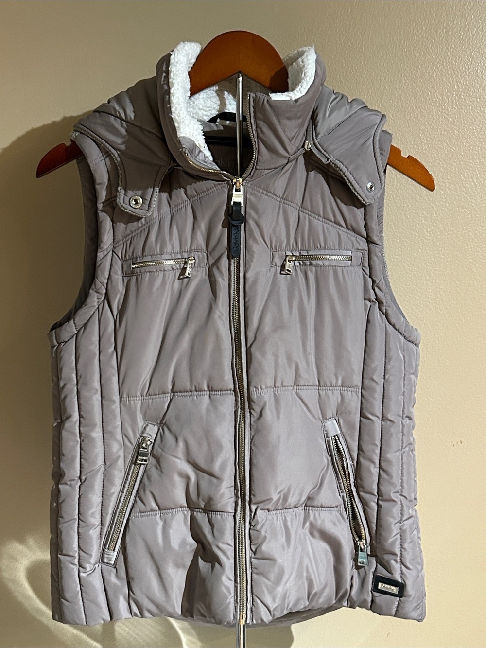 Calvin Klein Light Taupe Quilted Puffer Vest with Sherpa Collar removable Hood